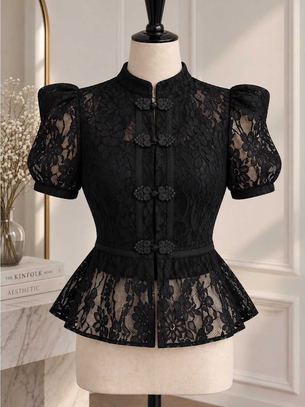 Black Lace Peplum Blouse for Women